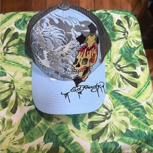 NEW Ed Hardy Light Blue Trucker Hat with Skull and Flame